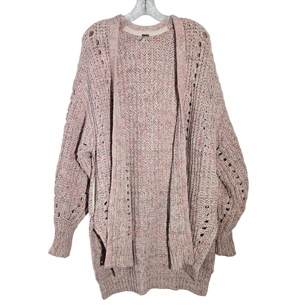 Free People‎ Sz S Chunky Knit Speckled Cardigan Oversized Long Sleeve Pink Multi